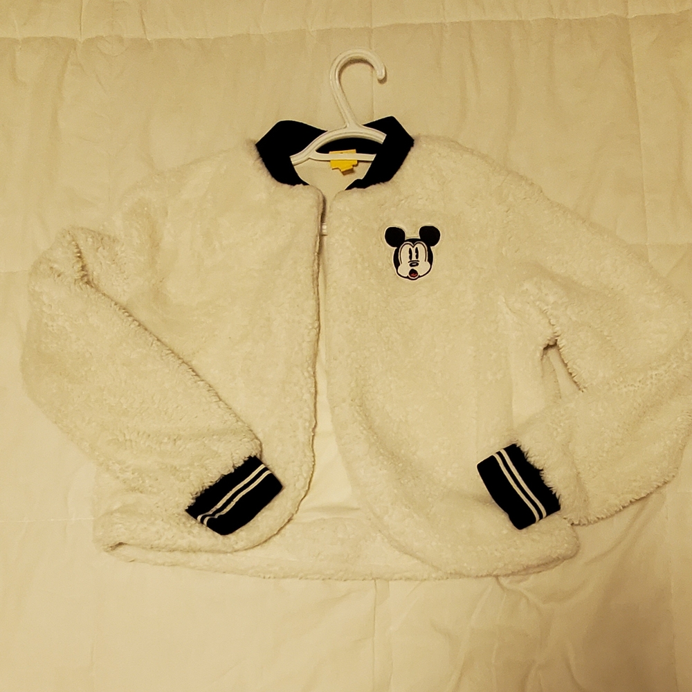 Disney White Black Sherpa Shrug Jacket Mickey Mouse  Patch Adult  Size XS